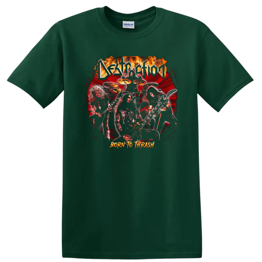 Destruction heavy metal band artwork with flames and Born to Thrash text T - Forest Green
