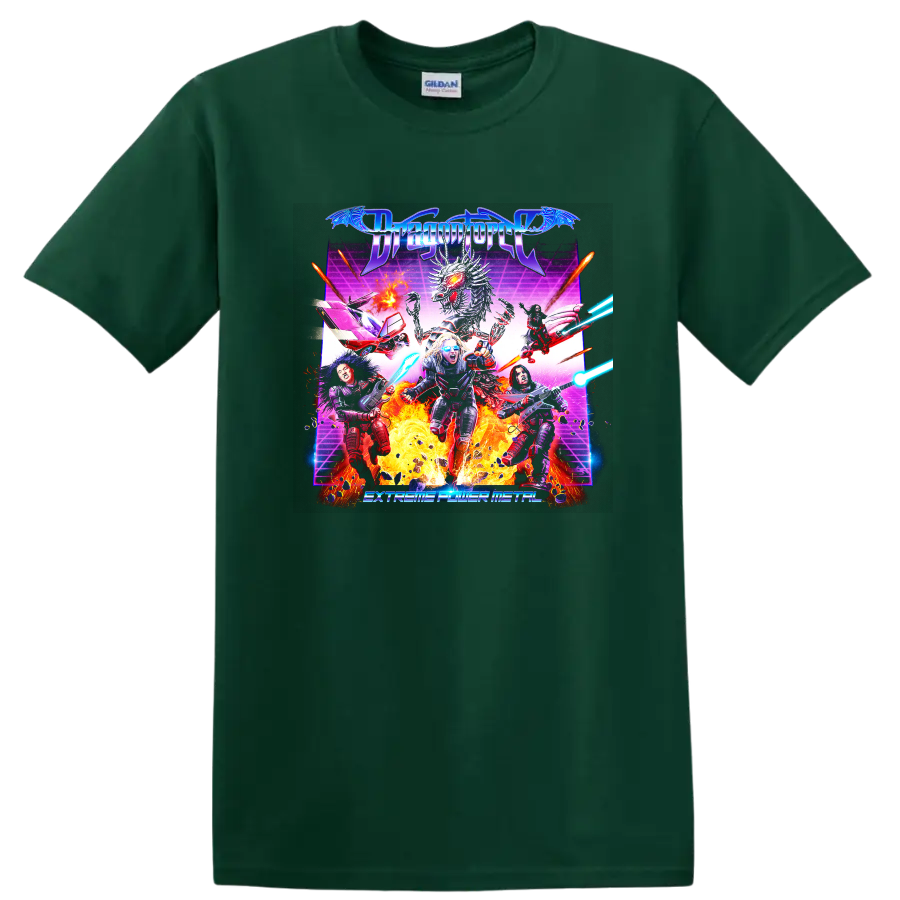 Dragonforce metal graphic print with dragon, flames, and band artwork T - Forest Green