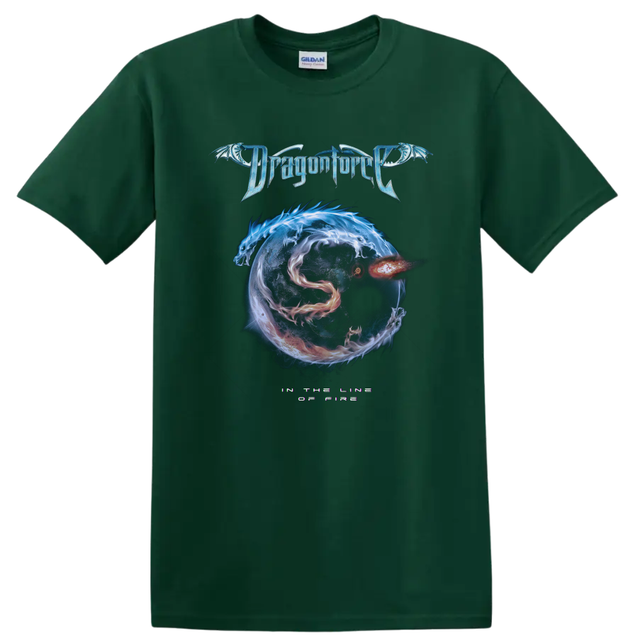 DragonForce logo with dragon artwork and fiery cosmic sphere graphic print T - Forest Green