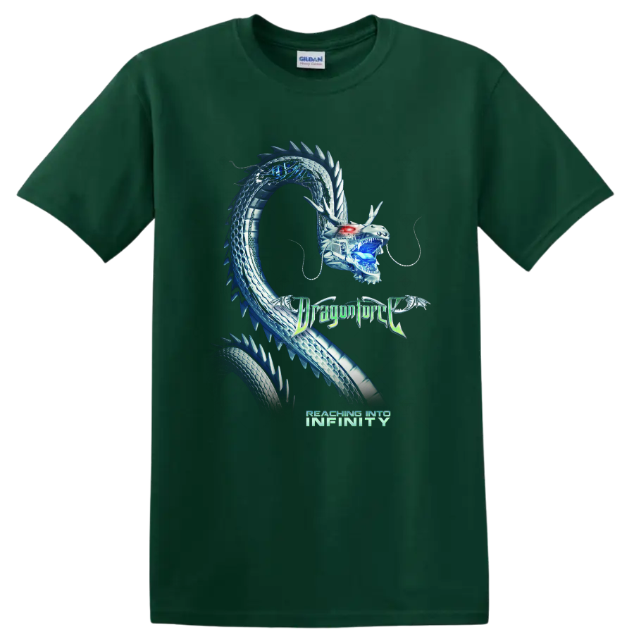 Blue mechanical dragon graphic with DragonForce Reaching Into Infinity text on a - Forest Green