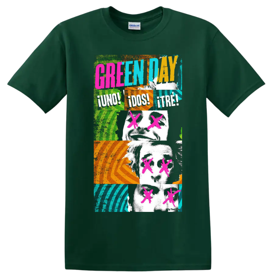 Green Day graphic print T shirt with neon punk rock portrait - Forest Green