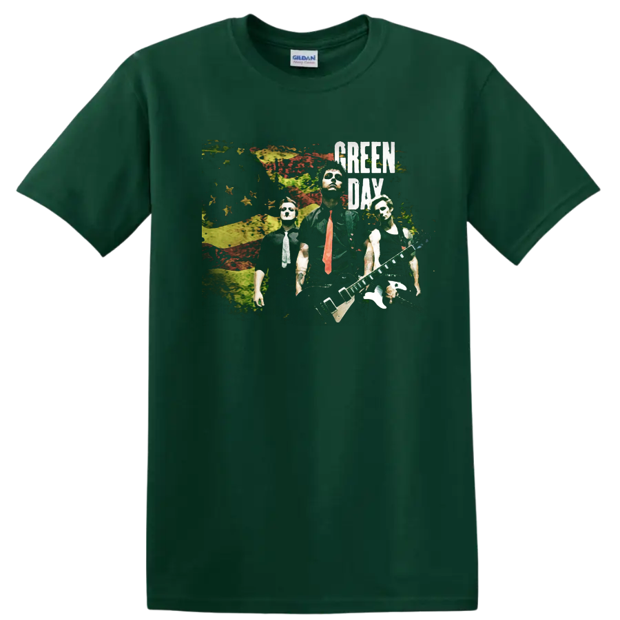 Green Day band graphic print with distressed background and bold text on a T - Forest Green