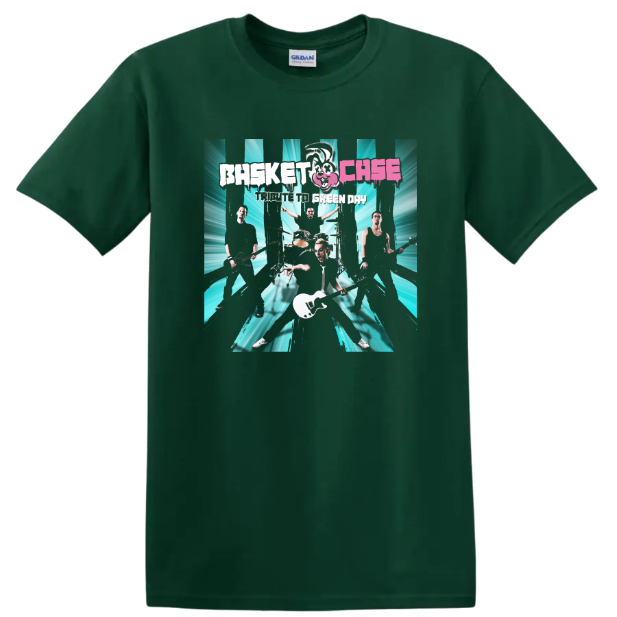 Green Day band graphic print with teal burst background and distressed lettering on T - Forest Green