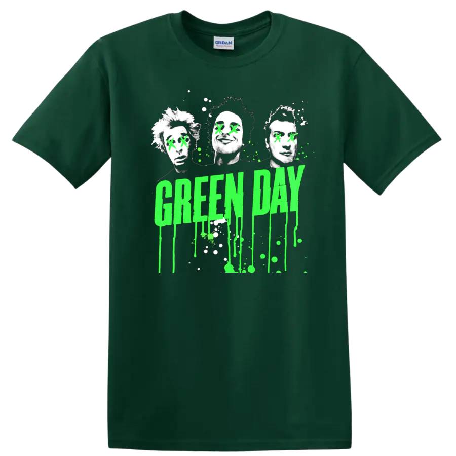 Green Day neon green dripping text with punk-style portraits graphic print T - Forest Green