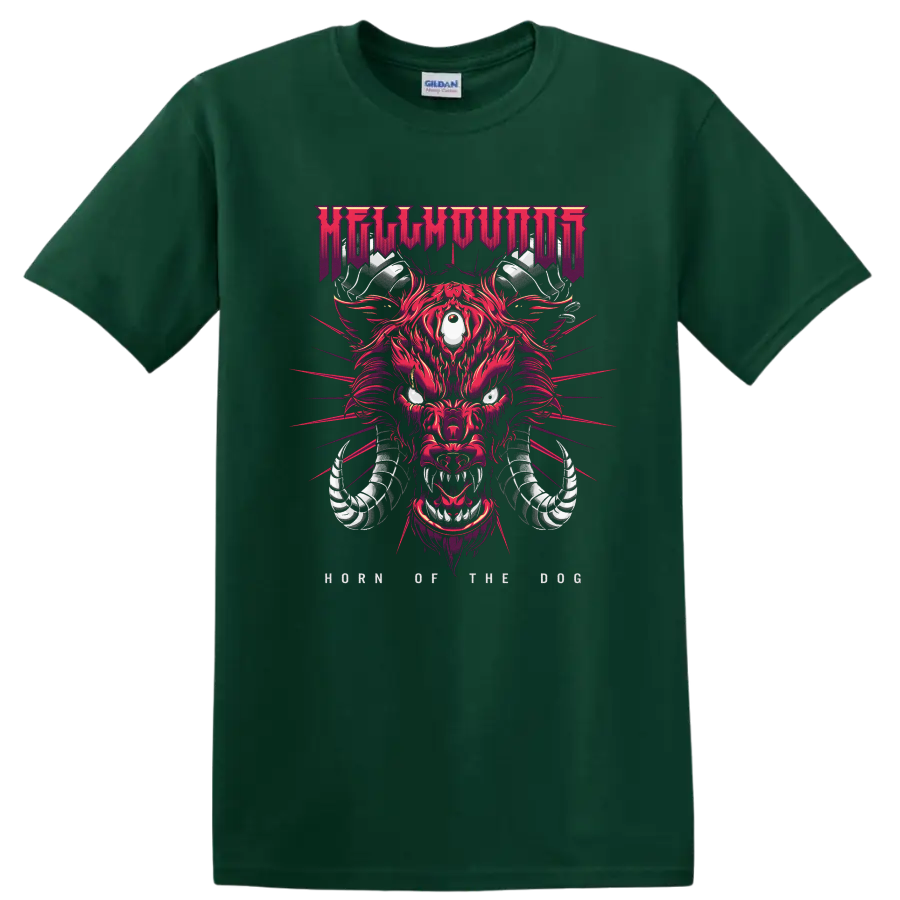 HELLHOUND hellhound beast graphic T shirt with fiery red and purple metal - Forest Green