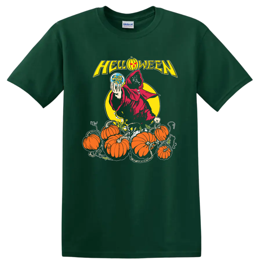 Helloween Halloween metal graphic with hooded reaper and pumpkins T - Forest Green