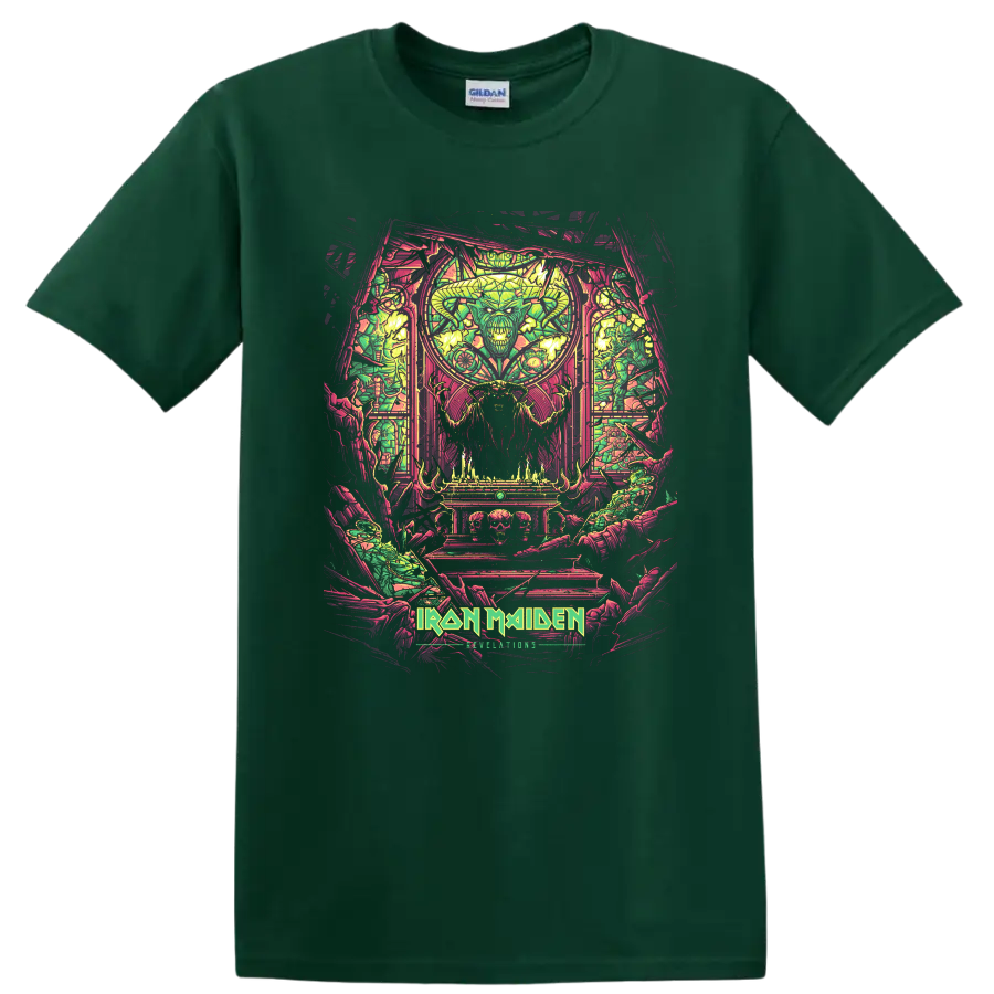 Iron Maiden heavy metal artwork with horned demon figure and vivid stained-glass style graphic print T - Forest Green