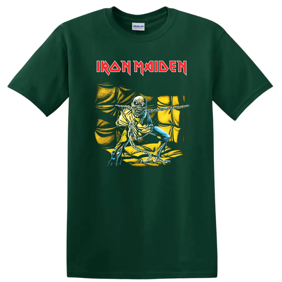 IRON MAIDEN logo with chained skull figure graphic on black - Forest Green