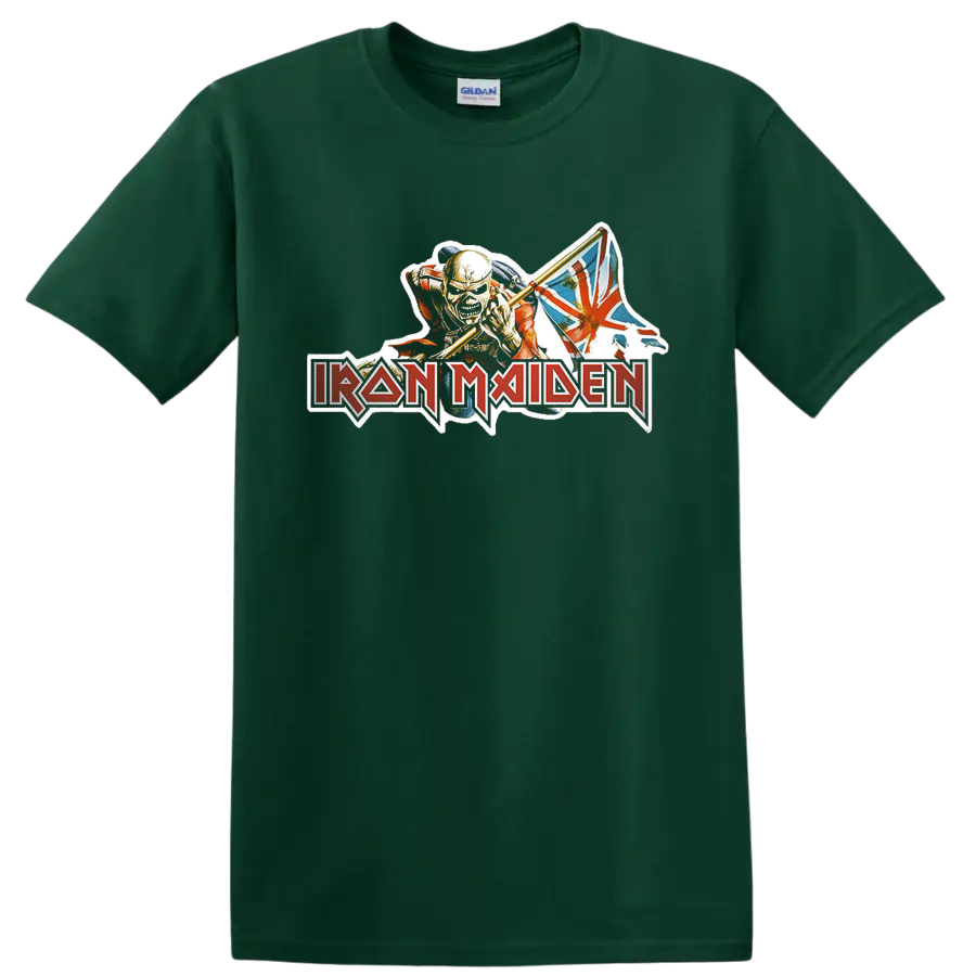 Iron Maiden rock metal logo with fierce mascot and Union Jack graphic on T - Forest Green