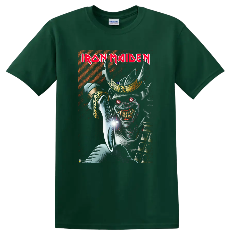 Iron Maiden text with fierce skull warrior metal graphic on a T - Forest Green