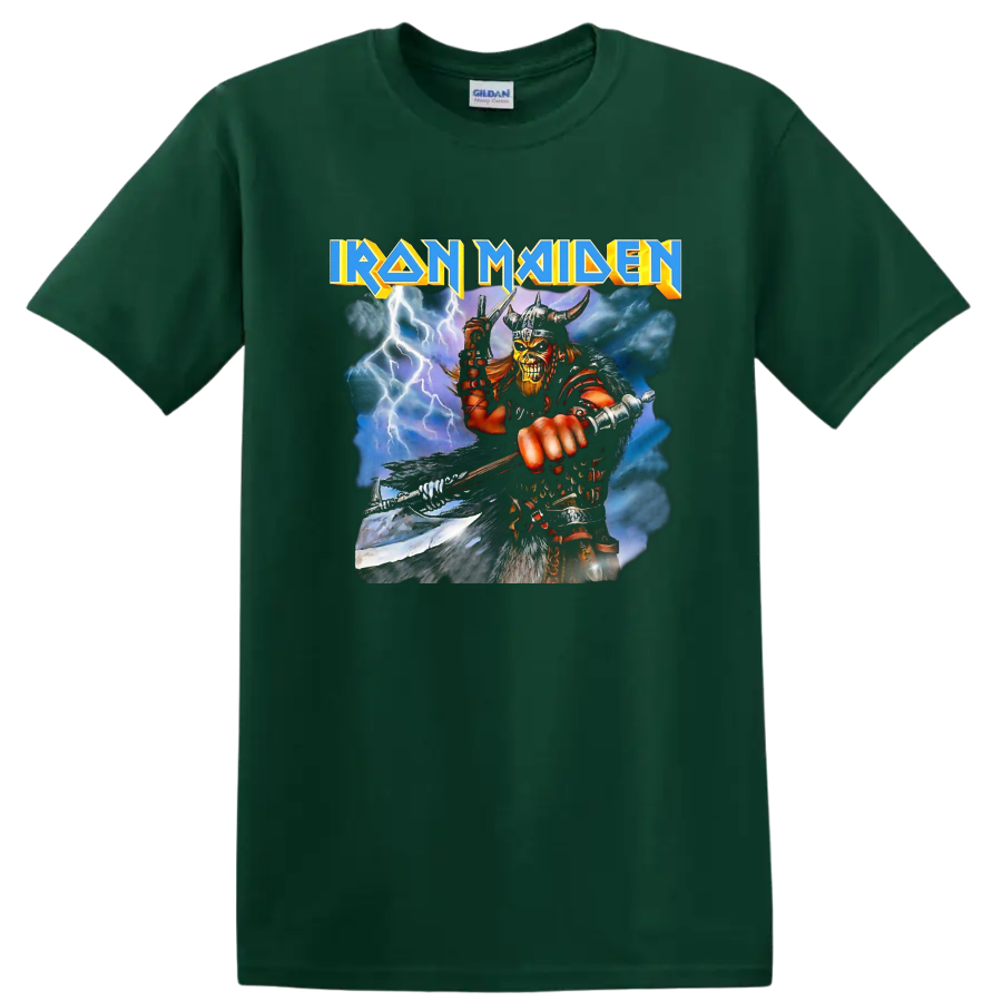 Iron Maiden text with horned warrior and lightning heavy metal graphic print - Forest Green