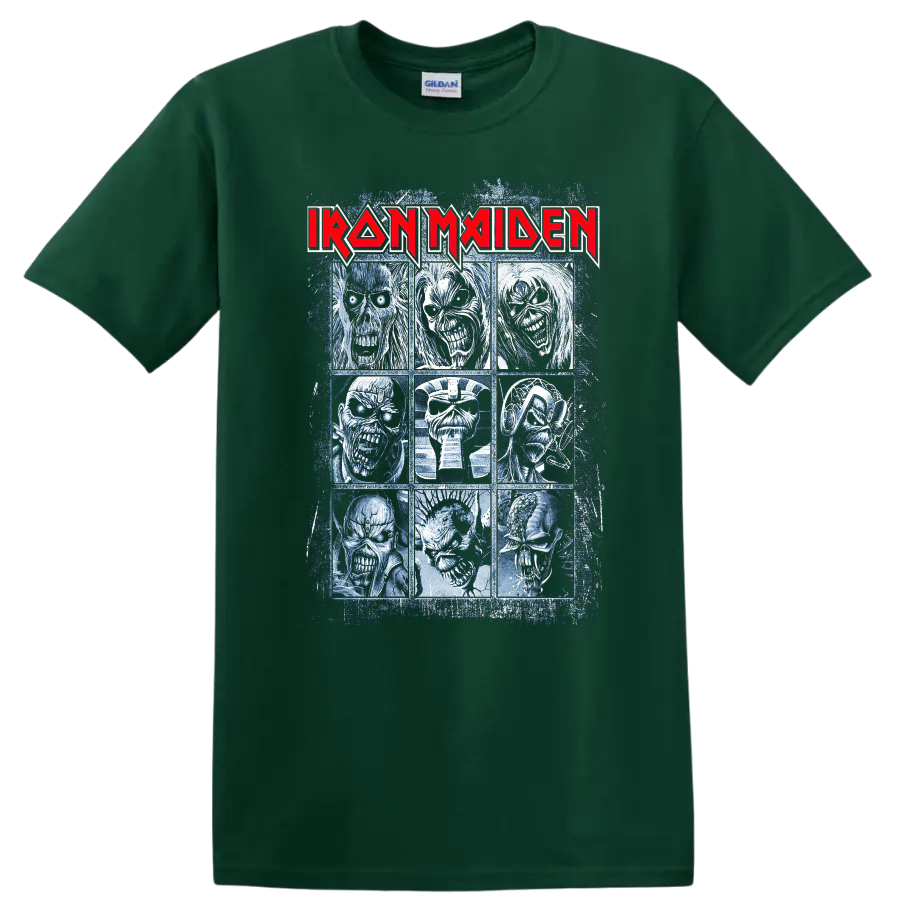 IRON MAIDEN logo with a collage of fierce undead character portraits graphic print - Forest Green