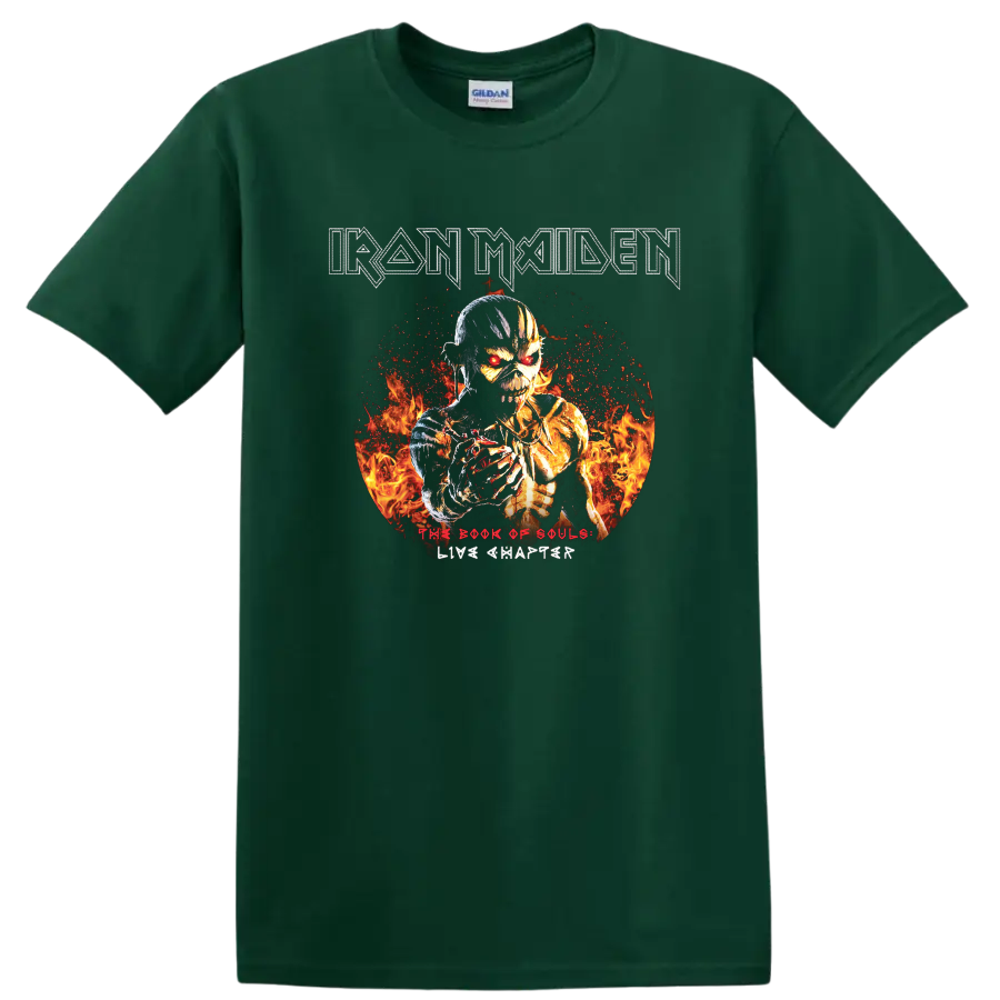 Iron Maiden text with fiery skeleton warrior and The Book of Souls Live Chapter graphic print T - Forest Green