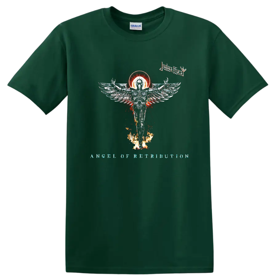Judas Priest Angel of Retribution artwork with winged figure, fire, and band - Forest Green