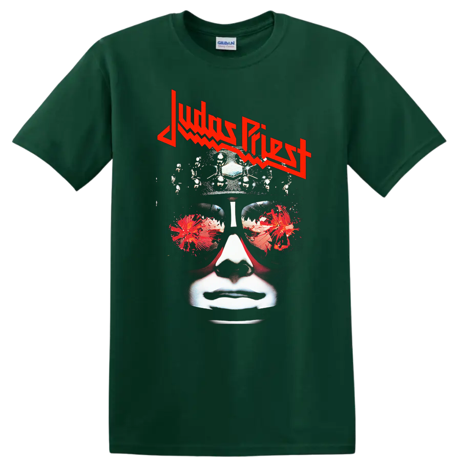 Judas Priest inspired heavy metal face graphic print T - Forest Green