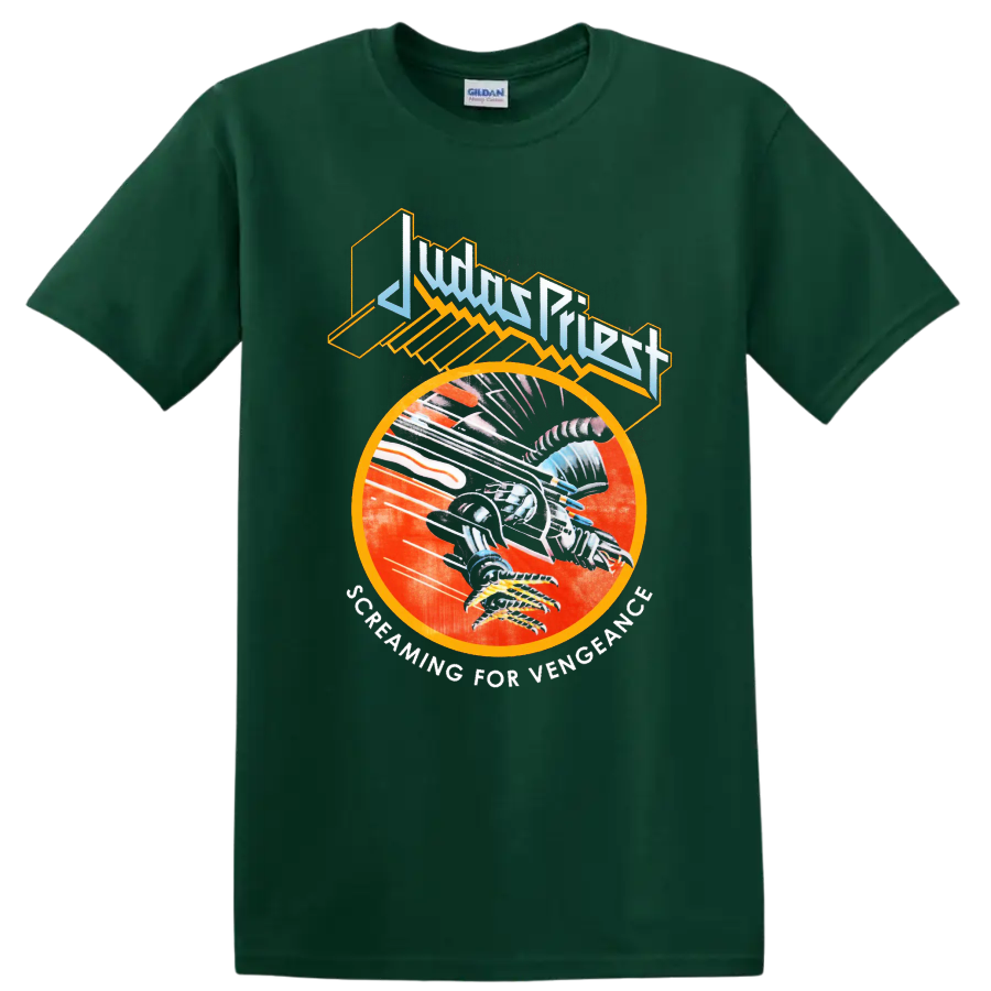 Judas Priest Screaming for Vengeance graphic with bold metal artwork T - Forest Green