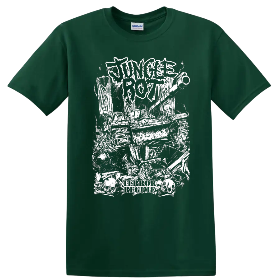Jungle Rot horror metal graphic with skulls and distressed text on a T - Forest Green