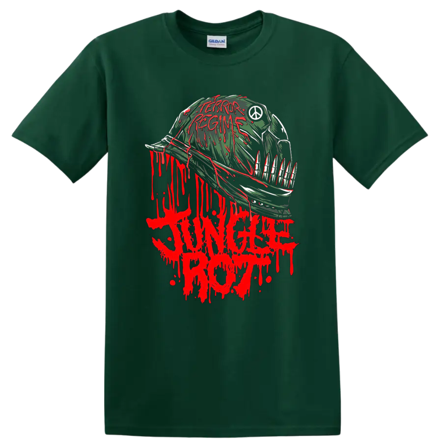 Jungle Rot Terror Regime horror metal graphic print with dripping helmet artwork T - Forest Green