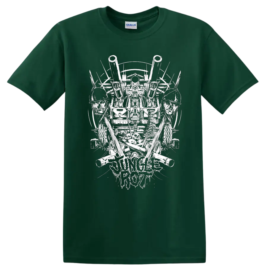 Jungle Rot death metal graphic print with skulls, soldiers, and - Forest Green