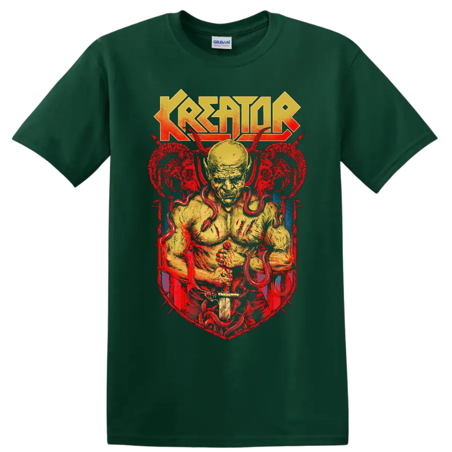 Kreator thrash metal demon graphic print T-shirt with horned figure and - Forest Green