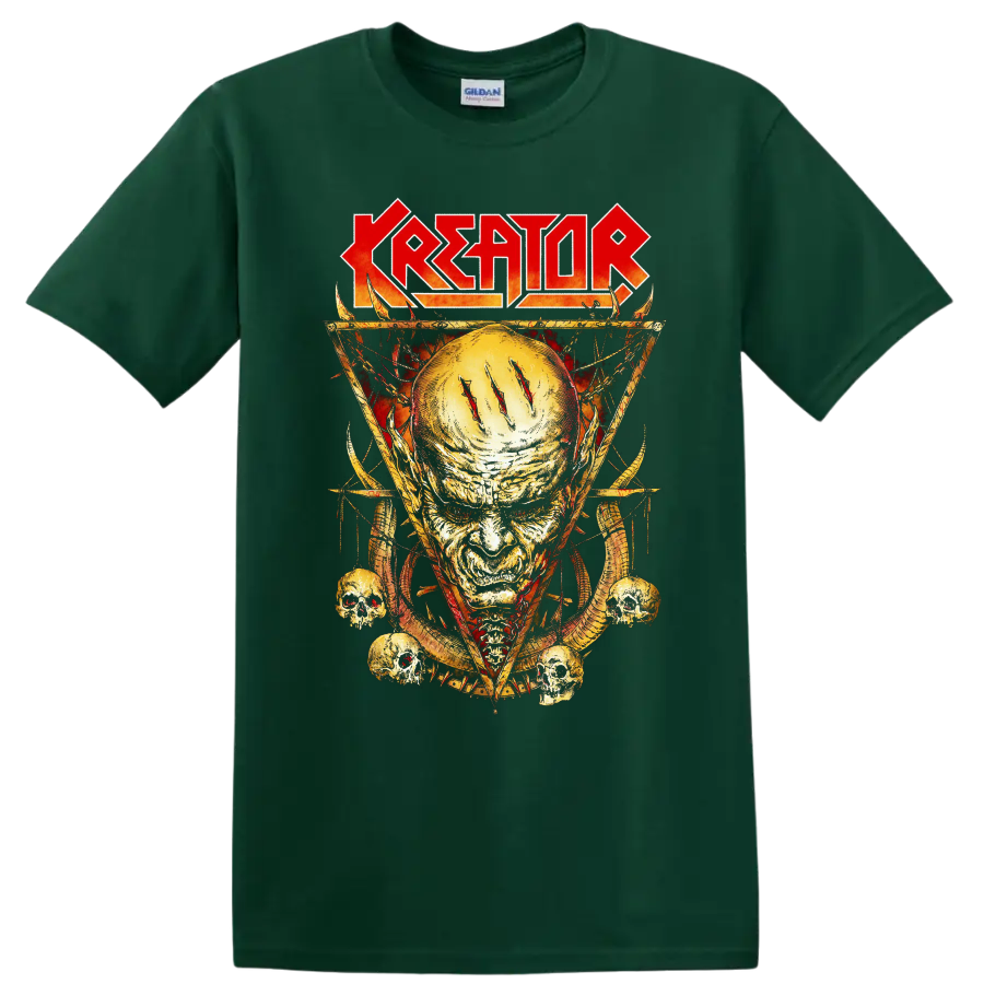 KREATOR rock metal skull graphic print T shirt with fiery aggressive band - Forest Green