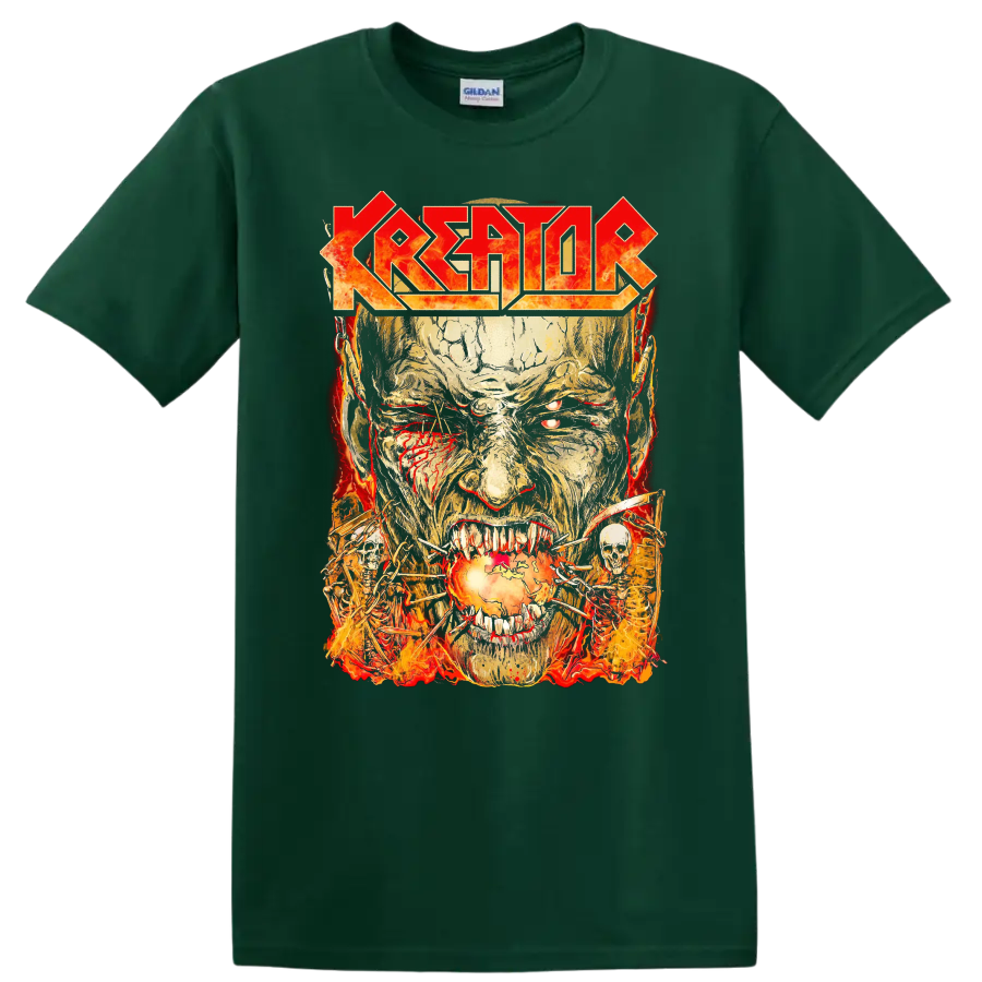 KREATOR logo with fiery skull face and chains graphic print - Forest Green