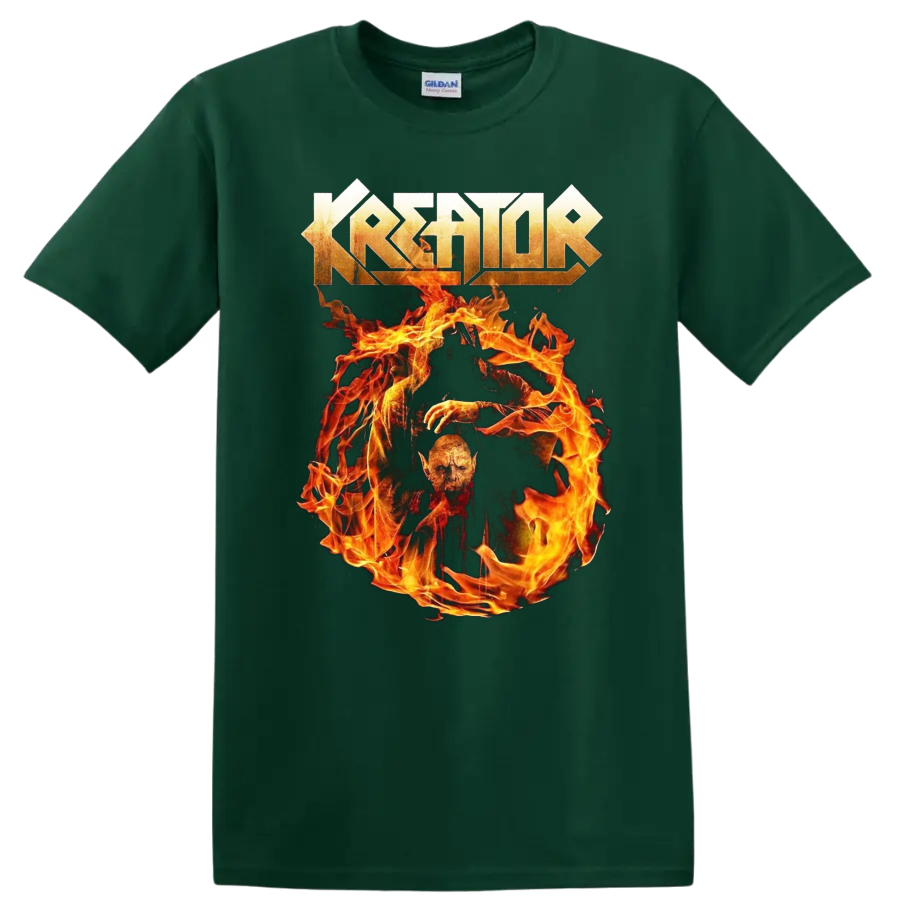 Kreator logo above a flaming skull graphic on a black T - Forest Green