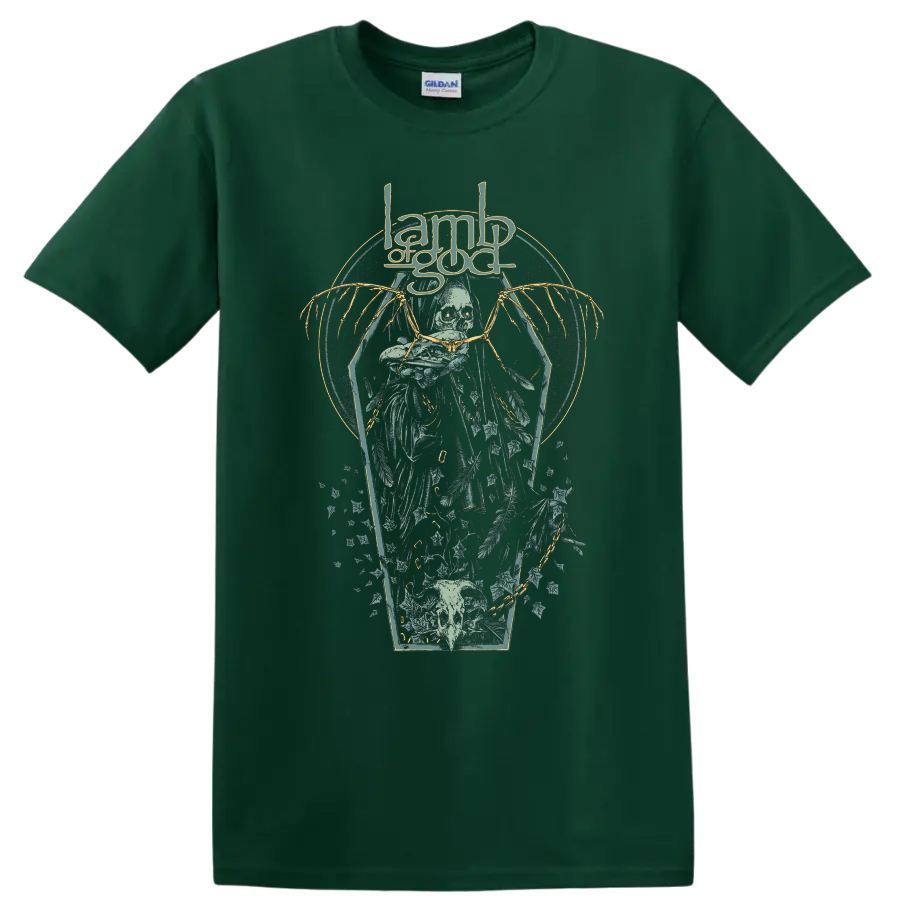 Lamb of God gothic skull and winged metal graphic T - Forest Green