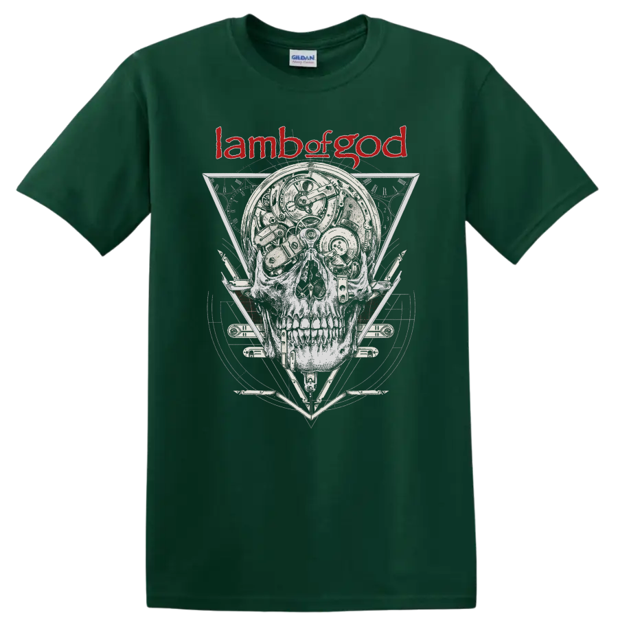 Lamb of God skull graphic with mechanical details and red logo on - Forest Green
