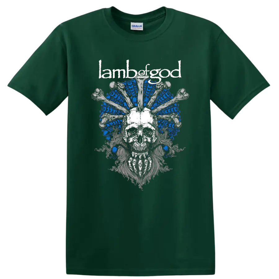 Lamb of God skull and bones graphic print T shirt with blue and gray metal - Forest Green
