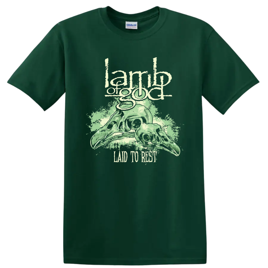 Lamb of God skull graphic with distressed rock metal text on a - Forest Green