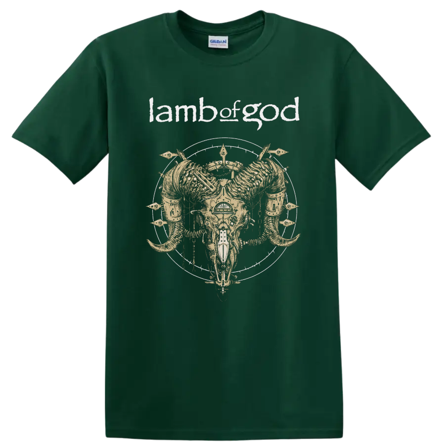 Lamb of God text with horned skull heavy metal graphic print on T - Forest Green