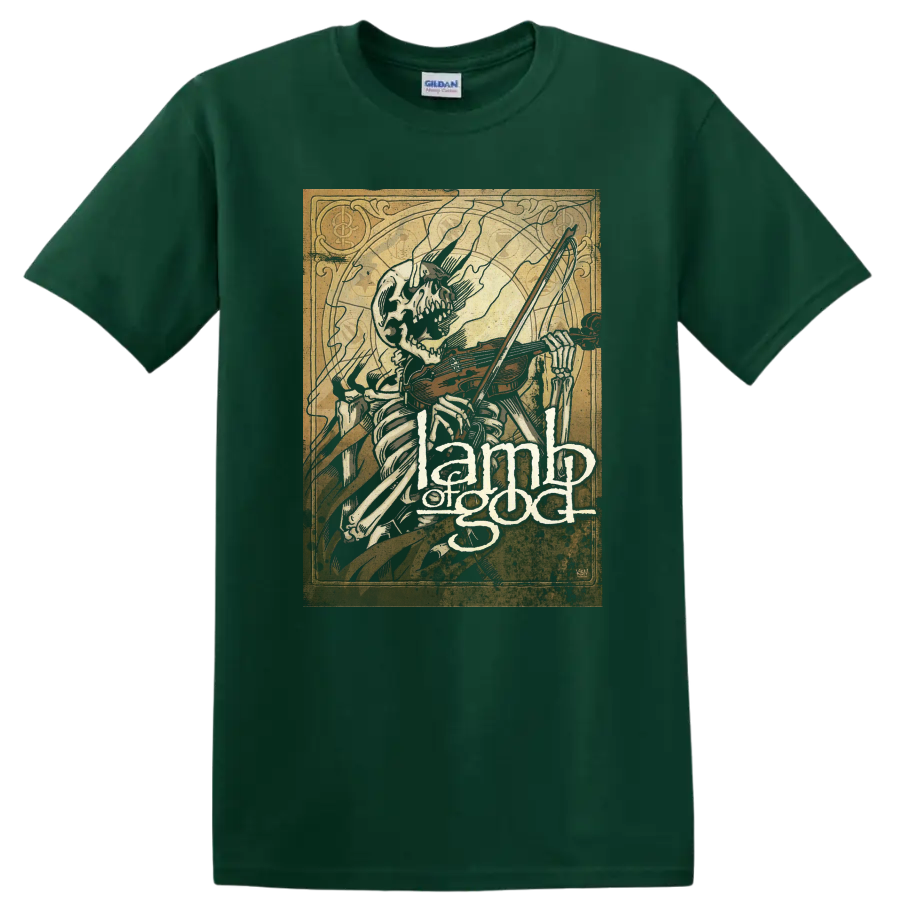 Skeleton playing violin with Lamb of God text in distressed dark metal graphic - Forest Green