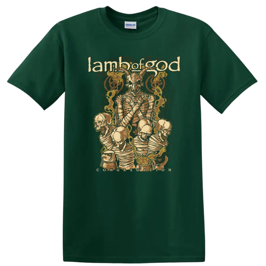 Lamb of God graphic print with horned demon, skulls, and distressed metal artwork on T - Forest Green