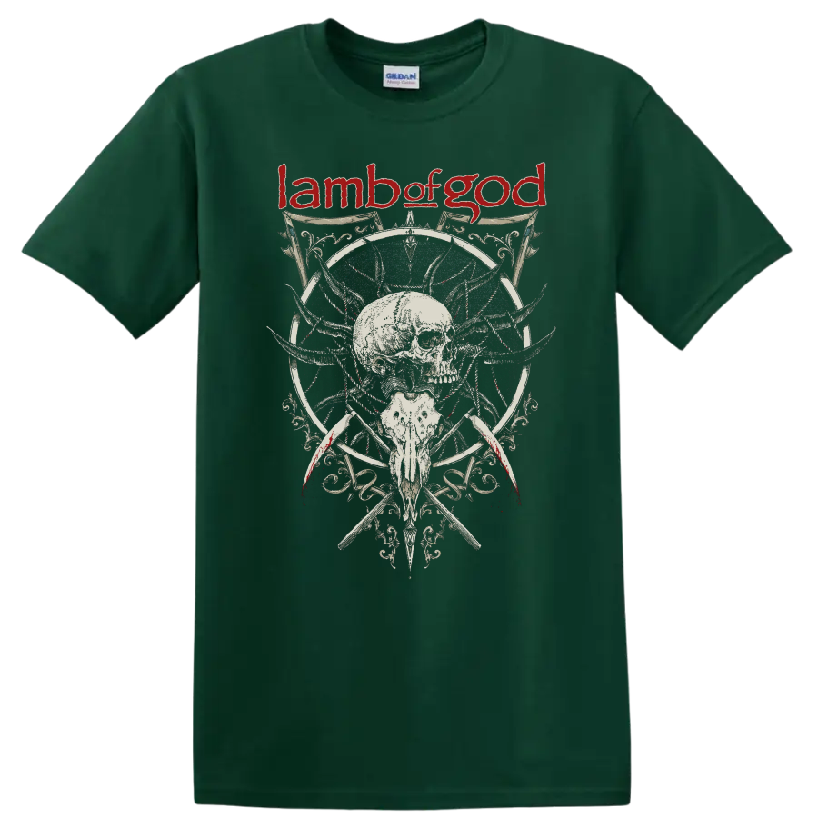 Lamb of God skull and ornate gothic metal graphic print T - Forest Green