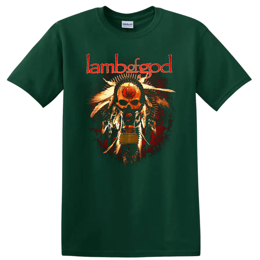 Lamb of God skull and feathers rock metal graphic print - Forest Green