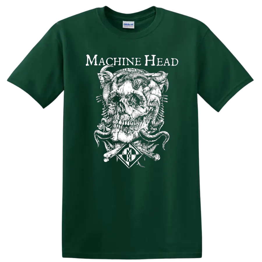 Machine Head skull graphic with mechanical details and band name text on a black - Forest Green