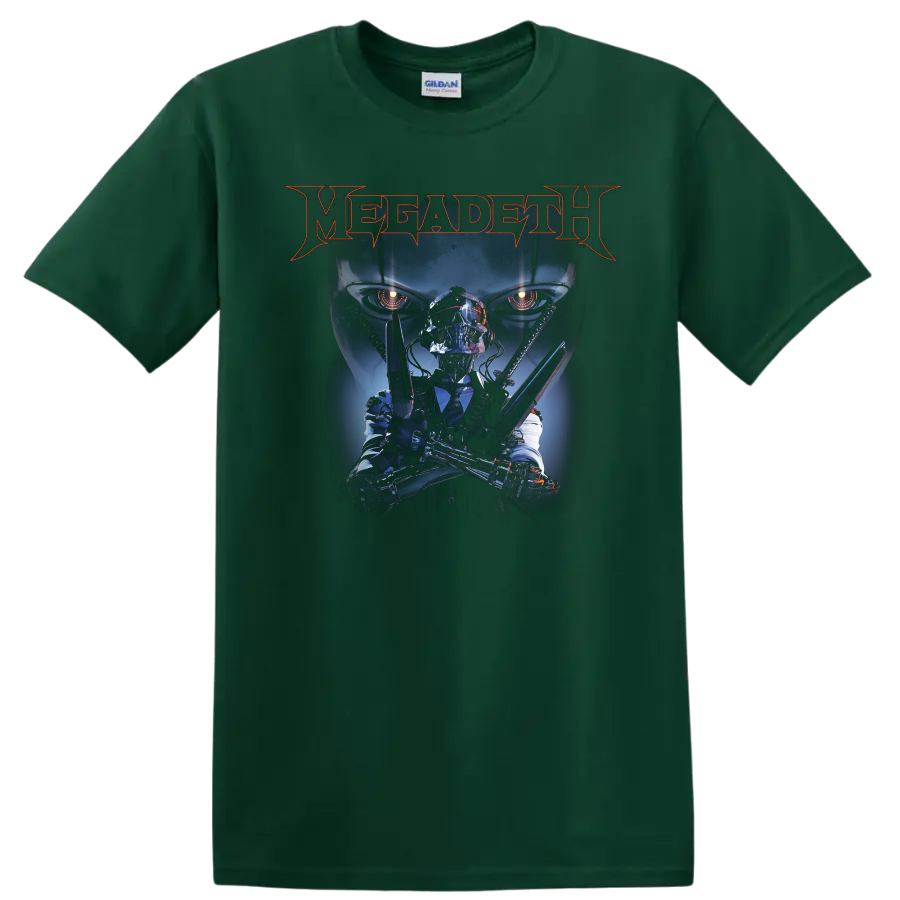 Megadeth graphic print T shirt with skull cyborg figure and glowing - Forest Green