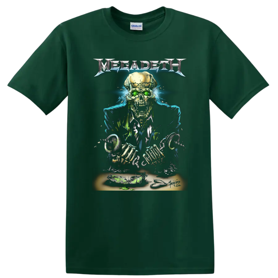 Megadeth skull with glowing green eyes and electric metal artwork on a T - Forest Green