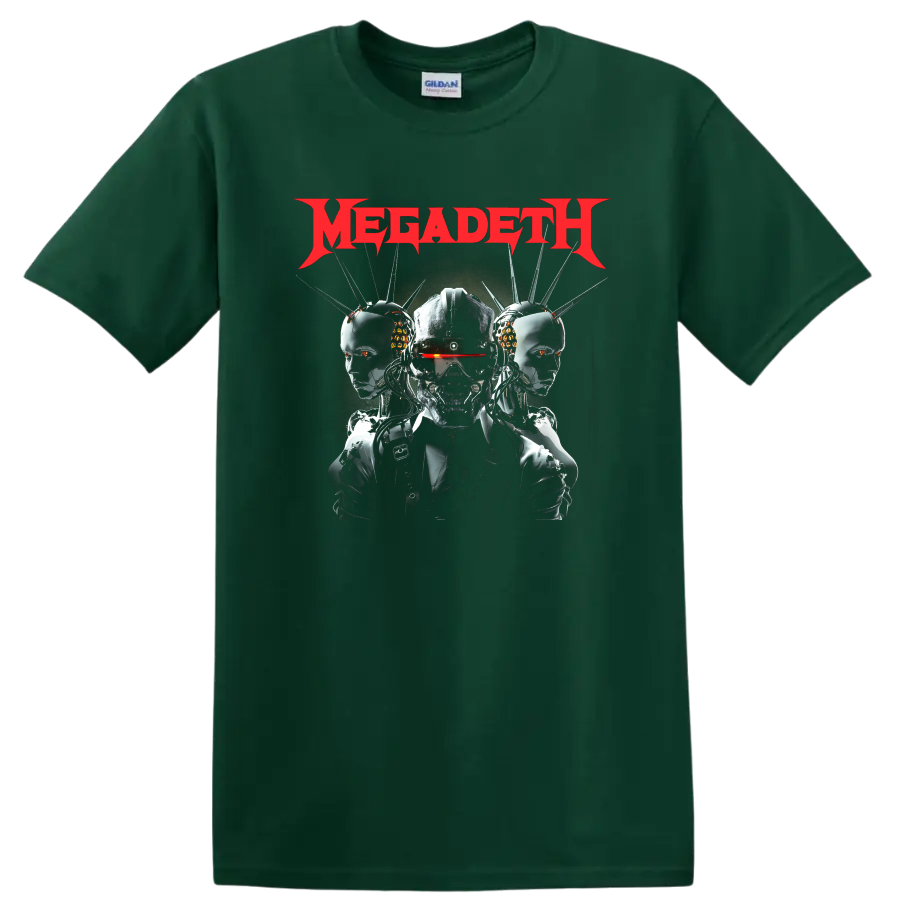 Megadeth red logo with cyber skull and robotic heads graphic on black T - Forest Green