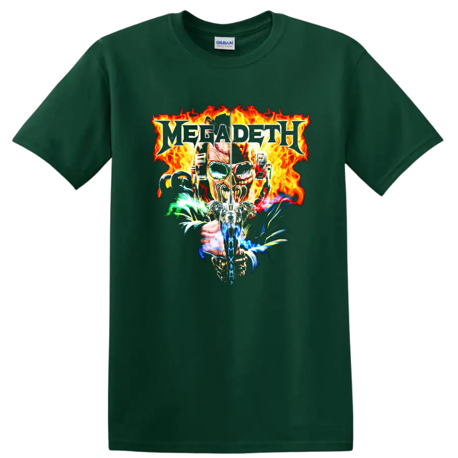 Megadeth flaming skull metal graphic T shirt with fiery flames and bold rock - Forest Green