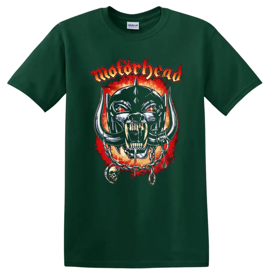 Motorhead skull graphic print T shirt with fiery red background and chain - Forest Green