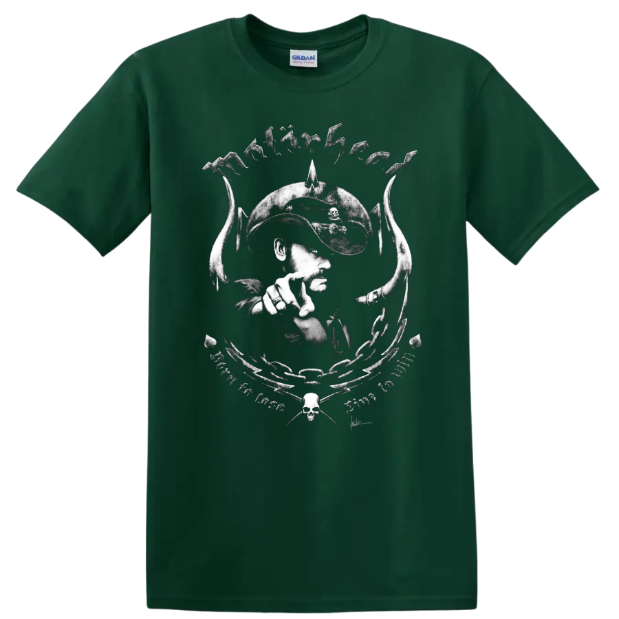 Black-and-white MOTORHEAD rock metal skull graphic T shirt with cowboy portrait and - Forest Green