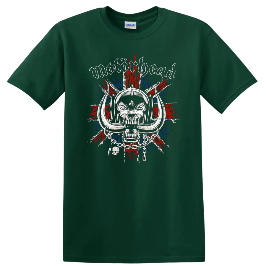 Motorhead skull graphic with gothic lettering and red blue burst on black T - Forest Green