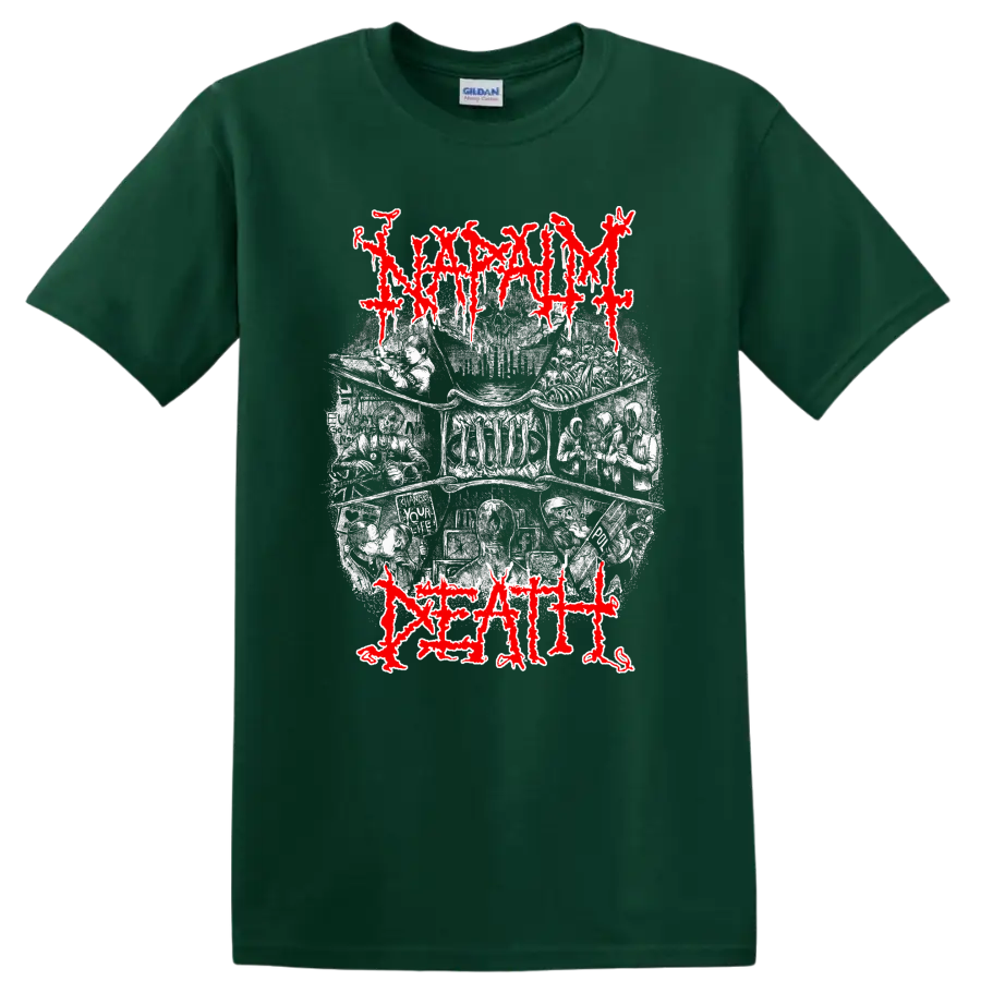 Napalm Death distressed red logo over gritty monochrome metal artwork on T - Forest Green