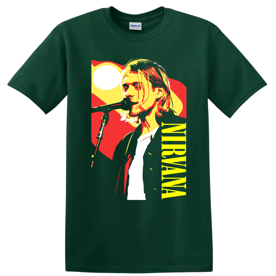 Nirvana-inspired rock portrait graphic print T shirt in red, yellow, black, and - Forest Green