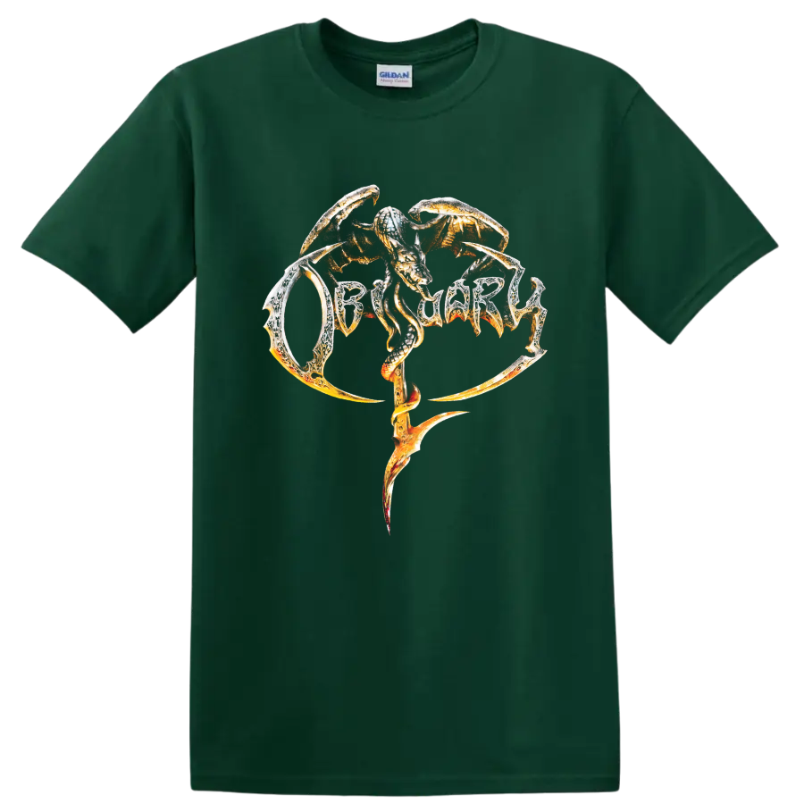 OBITUARY snake logo in fiery death metal graphic print on a - Forest Green