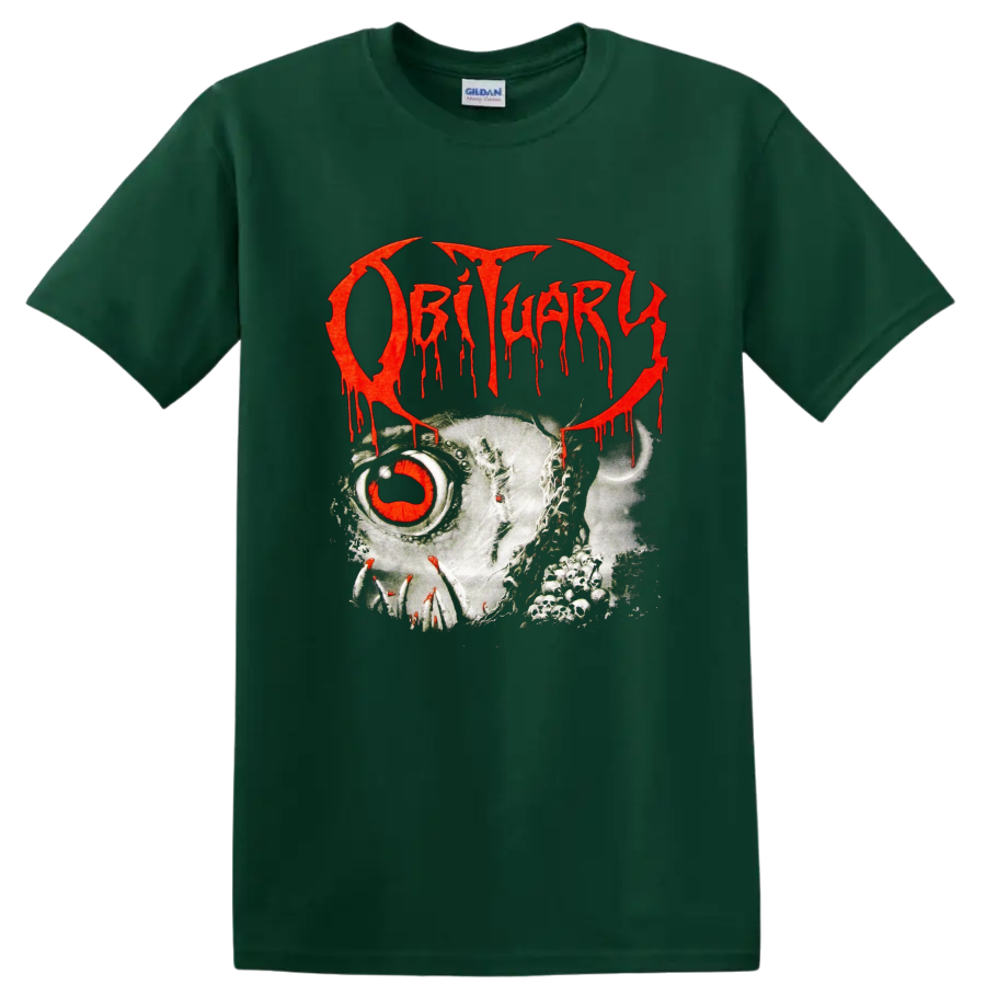 Obituary red dripping logo over skull artwork on black - Forest Green