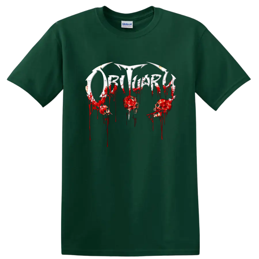 Obituary death metal logo with blood drips and skulls graphic print T - Forest Green