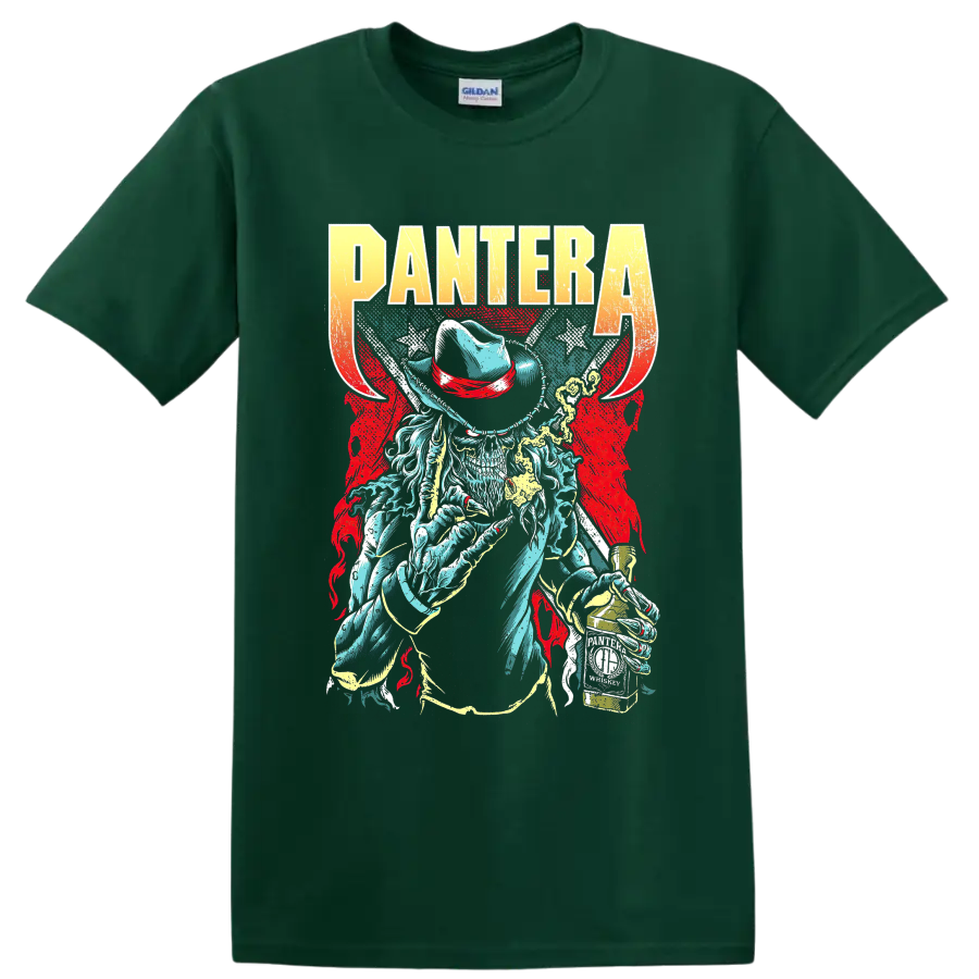 PANTERA graphic T shirt with cowboy skull, distressed lettering, and vintage rock metal - Forest Green